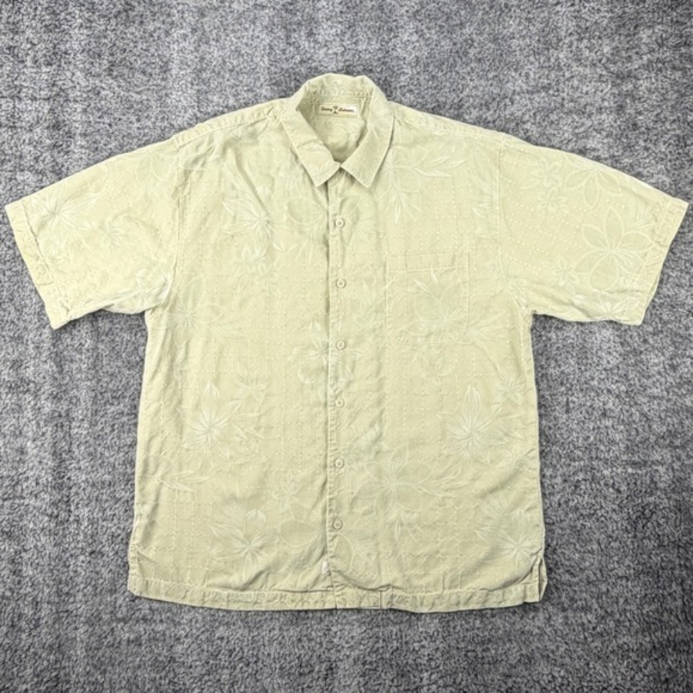Tommy Bahama‎ Mens L Silk Short Sleeve Button Up Floral Shirt Light Sage Green